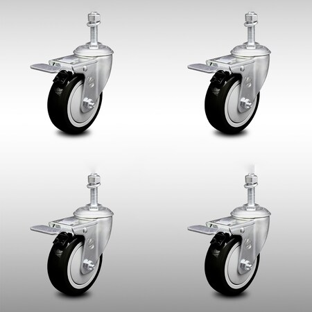 Service Caster 4 Inch SS Black Polyurethane 10mm Threaded Stem Caster Set Total Lock Brake SCC-SSTSTTL20S414-PPUB-BLK-M1015-4